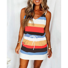 Striped V-Neck Drawstring Waist Casual Dress - Multicolor