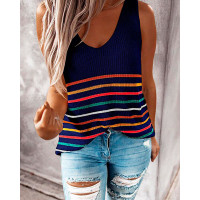 Striped V-Neck Knitted Tank Top - blue