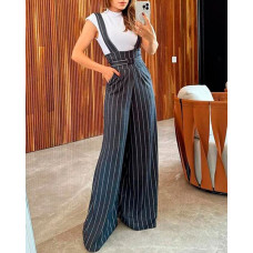 Striped Wide Leg Bootcut Suspender Jumpsuit - Dark grey