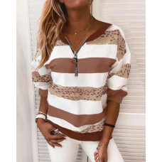 Striped Zipper Front Drop Shoulder Top - coffee