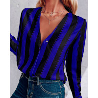 Stripes Deep V Long Sleeve Casual Blouse - dark blue