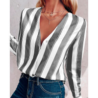 Stripes Deep V Long Sleeve Casual Blouse - gray