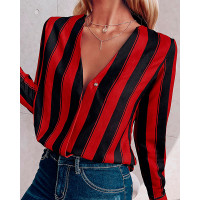 Stripes Deep V Long Sleeve Casual Blouse - red