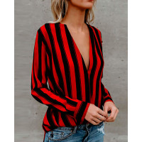 Stripes Deep V Long Sleeve Casual Blouse - red,gray,dark blue