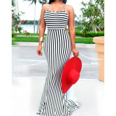 Stripes Spaghetti Strap Lace-up Back Maxi Dress - black