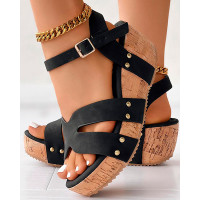 Studded Ankle Strap Platform Beach Wedge Sandals - black