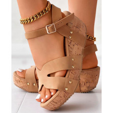 Studded Ankle Strap Platform Beach Wedge Sandals - brown