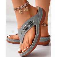 Studded Beach Wedge Flip Flops - gray