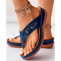 Studded Beach Wedge Flip Flops - purplish blue