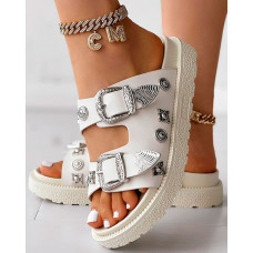 Studded Double Strap Buckled Slippers - beige