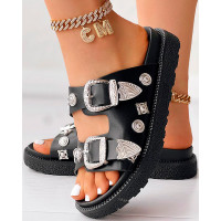 Studded Double Strap Buckled Slippers - black