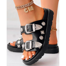 Studded Double Strap Buckled Slippers - black