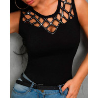 Studded Grid Hollow Out Casual Top - black