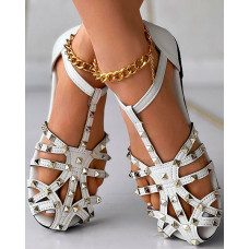 Studded Hollow Out Buckled Sandals - beige