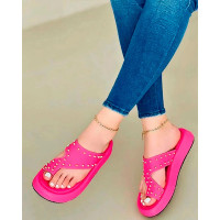 Studded Hollow Out Toe Post Slippers - hot pink