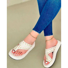 Studded Hollow Out Toe Post Slippers - white