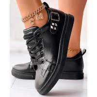 Studded Lace-up Buckled Casual Sneakers - black