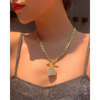 Studded Lock Pendant OT Chain Necklace - gold