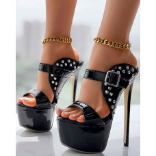 Studded Peep Toe Platform Stiletto Heel Sandals - black