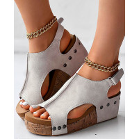 Studded Peep Toe Platform Wedge Sandals - Apricot