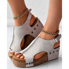 Studded Peep Toe Platform Wedge Sandals - Apricot