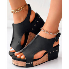 Studded Peep Toe Platform Wedge Sandals - black