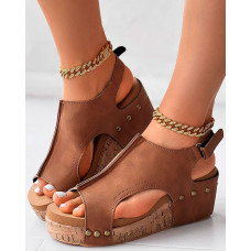 Studded Peep Toe Platform Wedge Sandals - brown