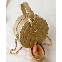 Studded Quilted Round Crossbody Bag - champagne