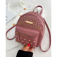 Studded Rhinestone Decor Zipper Design Backpack Trendy School Bag - purple