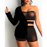 Studded Sheer Mesh Bandeau Top & Shorts Set With Asymmetrical Coat - black