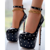 Studded Stiletto Heel Platform Pumps - black