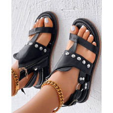 Studded Toe Post Slingback Summer Sandals - black