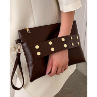 Studded Zipper Design Clutch Bag - brown