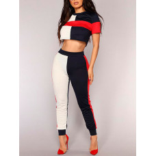 Stylish Color Block Cropped Tees & Pants Set - Multicolor