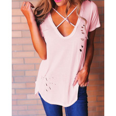 Stylish Criss Cross Cut Out T-shirt - pink