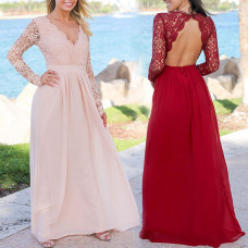 Stylish Open Back Crochet Lace Maxi Dress - red,pink