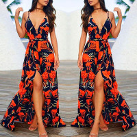 Stylish Printed High Slit Slip Maxi Dress - dark blue