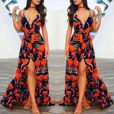 Stylish Printed High Slit Slip Maxi Dress - dark blue