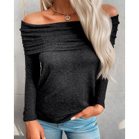 Stylish Ruched Fold-over Casual Blouse - black