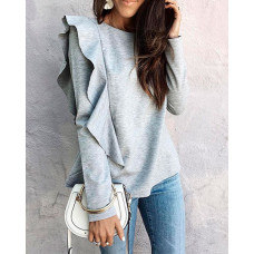 Stylish Ruffled Long Sleeve Casual Blouse - gray