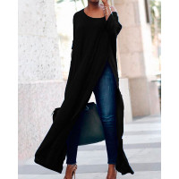 Stylish Solid High Slit Casual T-Shirt - black