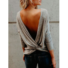 Stylish Twisted Open Back Casual Blouse - gray,purple