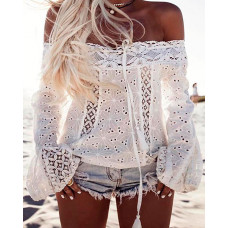 Stylish White Lace Patchwork Off Shoulder Casual Blouse - white