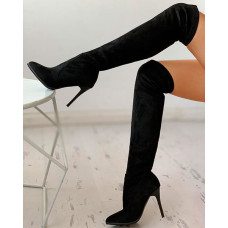 Suede Solid Thin Heeled Long Boot - black