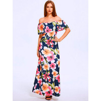 Summer Slash Neck Off Shoulder Lotus Leaf Floral Maxi Chiff Dress - black