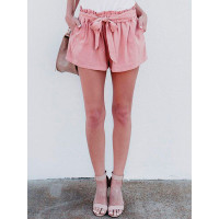 Summer Solid Frills Tie Waist Shorts - pink