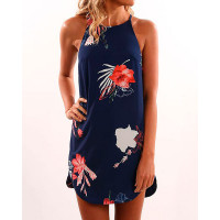 Summer Tropical Print Curved Hem Casual Dress - blue,white