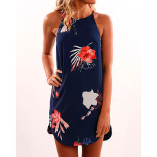 Summer Tropical Print Curved Hem Casual Dress - blue,white