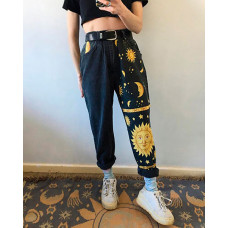 Sun & Moon Pattern High Waist Casual Jeans - black