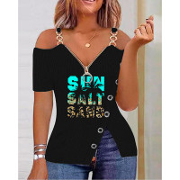 Sun Salt Sand Letter Coconut Tree Print Cold Shoulder Top - black